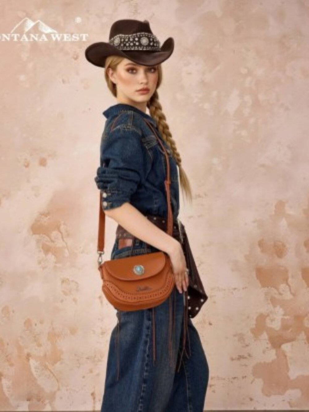 Montana West Western Saddle Crossbody Purse Turquoise Concho Brown NWT - Picture 3 of 5